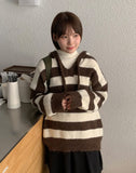 Kyuen Stripe Wool V-Neck Hood Knit