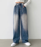 String Stopper Washing Long Wide Denim Pants