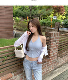 Halterneck Button With Cup Crop Rib Sleeveless