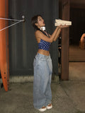 Hotfix side lettering unbalance denim pants