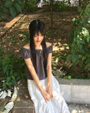 Aceh Dot Shirring Ribbon Cap Sleeve Short Sleeve T-Shirt