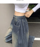 Stripe Folding Hem Snap Wide Denim Pants