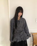 Rundy Check Shirring Round Collar Blouse