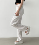 Linen Pocket Cargo Banding Straight Wide Cotton Pants