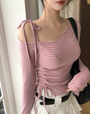 Delitte Stripe Unbalanced Shoulder Long Sleeve