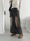 Parform Vintage Washing Long Denim Skirt