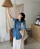 Rinta Stripe Color Matching Denim Hood Short Sleeve Shirt