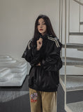 Track shirring leather hooded jacket
