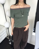 Rutot Stripe Color Matching Off-Shoulder Short-Sleeved T-Shirt