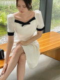 Lene Color Matching Ribbon Puff Tweed Mini One Piece