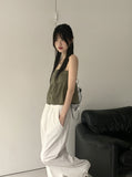 Folp button shirring cotton tank top tube top