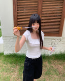 Cane Dot Frill Shirring Cap Short Sleeve T-Shirt