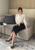 Marron Volume Ribbon Puff Blouse