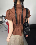 Seren Vintage Pintuck Slit Puff Sleeve Short-Sleeved Shirt