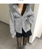 Brushed Two-Way Embroidered Lettering Loose Fit Fur Hood Zip-Up