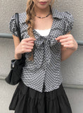 Ession Ribbon Puff V-Neck Check Shirt