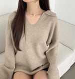 Open Collar Loose Fit Thick Long Sleeve Knit