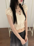 Illum Embroidery Punching Slit Cropped Short Sleeve Blouse