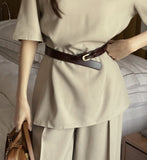 Washia Linen Short Sleeve T Blouse Wide Slacks Set