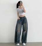 Destroyed Jeans Pleated Side Pin Tuck Balloon Wide Fit Pants