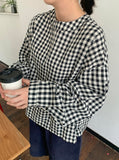 Enchoi Check Button Round Blouse