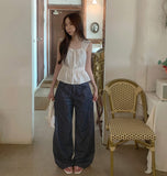 Non Fade Cooling Summer Thin Banding Wide Raw Denim Pants