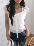 Neron Shirring Frill Ribbon Puff See-through Short Sleeve Blouse