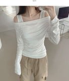 Drape Off-Shoulder Knit Layered Fake Layered T-shirt