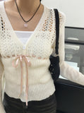 Sime Balletcore Ribbon String Punching Knit Cardigan