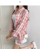 Color Matching Check Pastel Tone Loose Fit Long Sleeve Shirt