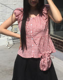 [Bag set] Rufus check cap sleeve shirring blouse