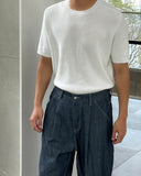 One-Tuck Linen Raw Edge Wide Denim Pants