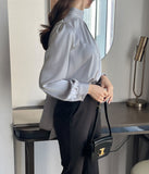 Huberin Satin Pintuck Ribbon Tie Blouse