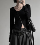 Wet Button Slit Zipper Long Sleeve Top