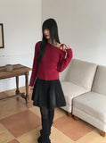 Listy Off-Shoulder Ribbon Strap Ribbed Crop Long Sleeve Knit