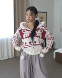 Shuong Rabbit Heart Fur Bells Hood Knit Zip-up