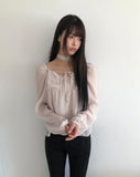 [Muffler Set] Hassen Ribbon Halterneck Puff Blouse Set