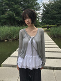 Vike Flower See-Through Long Sleeve Ribbon Cardigan