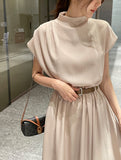 Odd Half-Neck Draped Banding Flare One Piece (Belt Set)