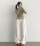 Autumn Peach Processed Pintuck Loose Wide Fit Banding Cotton Pants