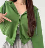 Two-Way Zipper Balloon Crop Hood Zip-Up