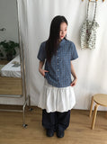 [BAONHAUS] Krunen Linen Check Short Sleeve Shirt Blouse