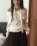 Hanel button off-shoulder muffler knit
