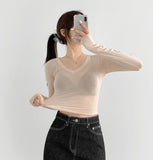 V-neck Rolling Crop See-Through Long Sleeve T-shirt