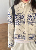 Sikok Snow Flower Nordic Pattern Two-Way Knit Zip-Up Cardigan