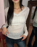 Toohi Cubic Ribbed V-Neck See-Through Long Sleeve T-Shirt