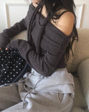 Rucol ribbed shirring off-shoulder knit muffler choker set