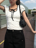 Demin Flower Ribbon Puff Short Sleeve T-Shirt