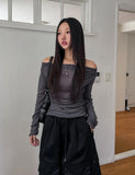 Ruffle see-through shirring drape long sleeve