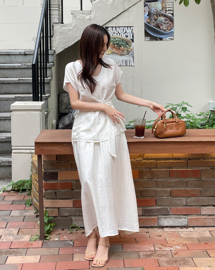 【I AM MARI】[Two-piece set] Linen T BL Banding Flare SK I AM MARI (アイアムマリ) - [ツーピースセット]リディアベルト